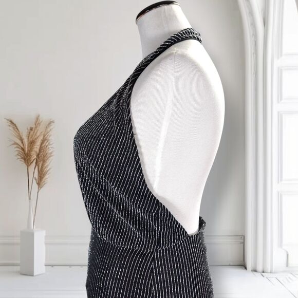 NastyGal Plunge Wide Leg Halter Jumpsuit Size M Stretch Silver Lurex Backless - Picture 7 of 15